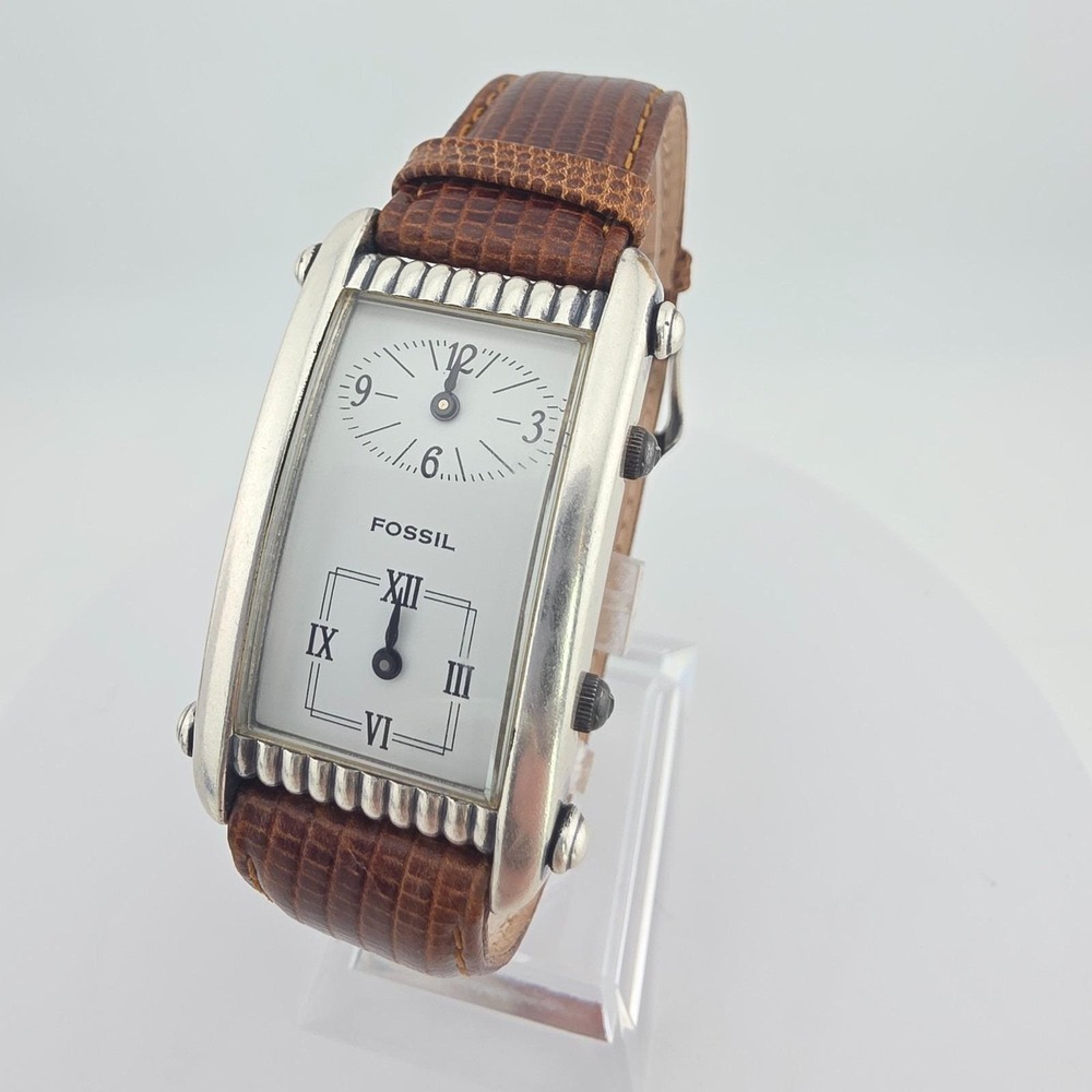 Vintage 1990s FOSSIL Mens Tank Watch ES-8749 Dual Time Brown Leather Band 8"